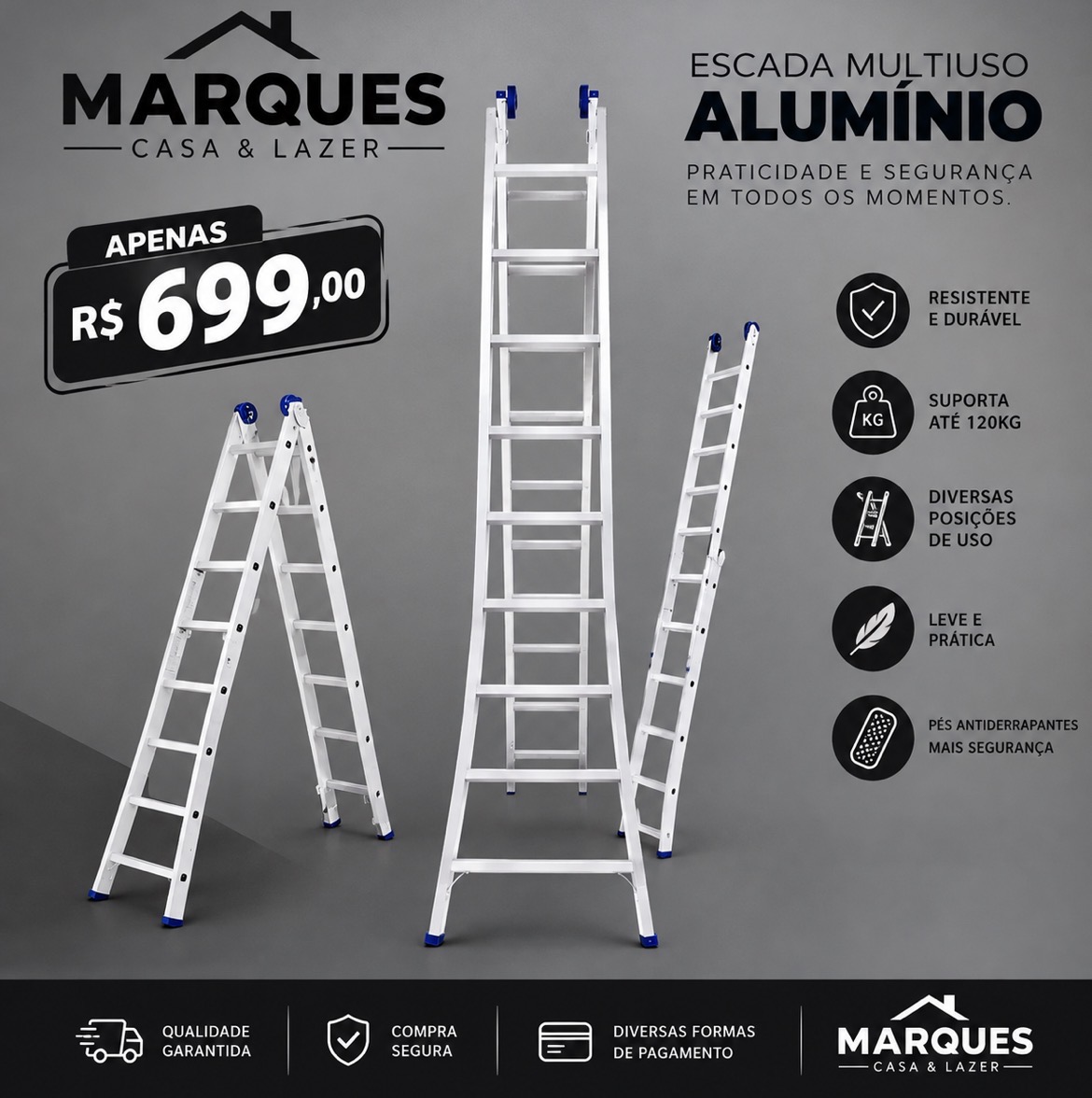 Escada multiuso de alumínio em três posições de uso