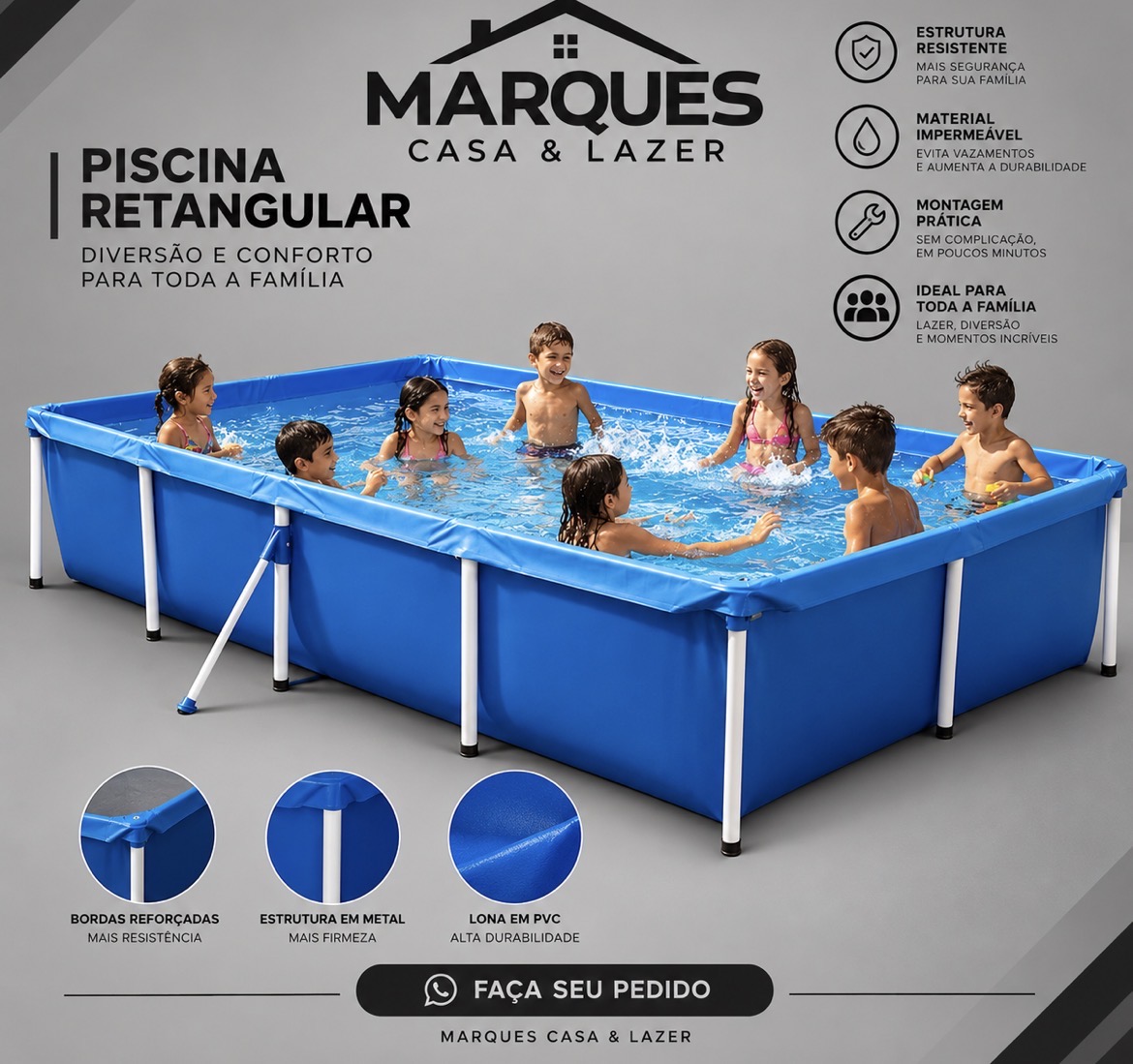 Piscina retangular com estrutura de metal e lona azul